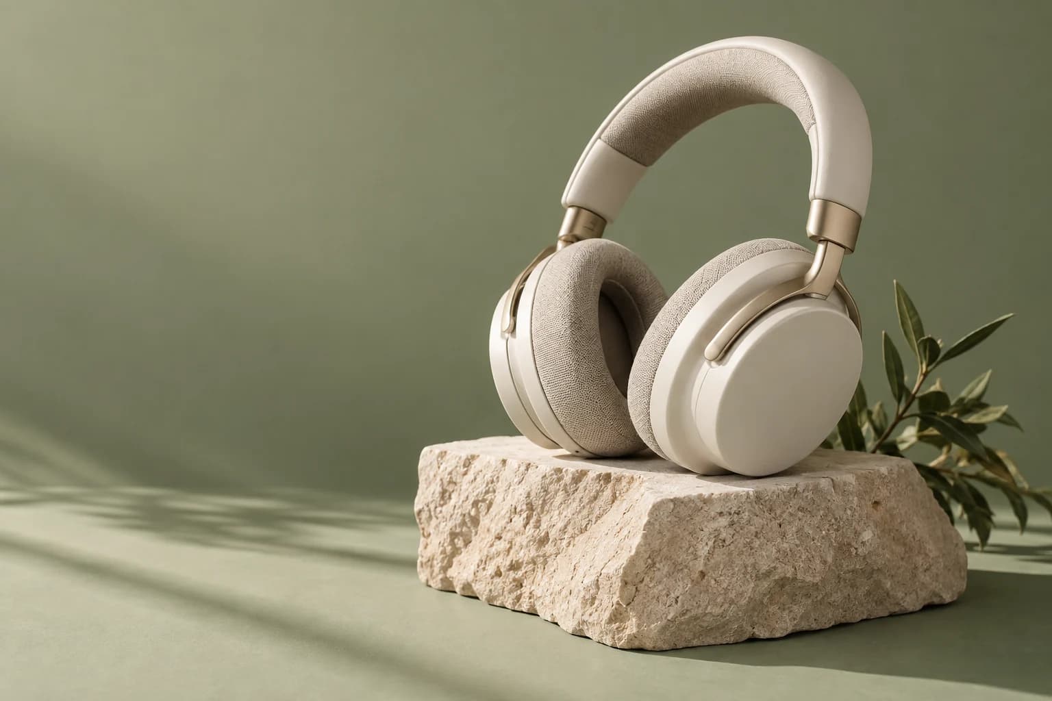 Fictional Aera headphones concept on a stone plinth